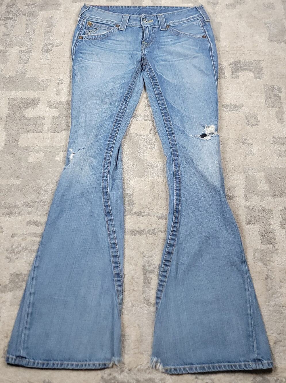 True Religion Women's Twist Seam Flare Flap Pockets Blue Denim Jeans Sz 33x32